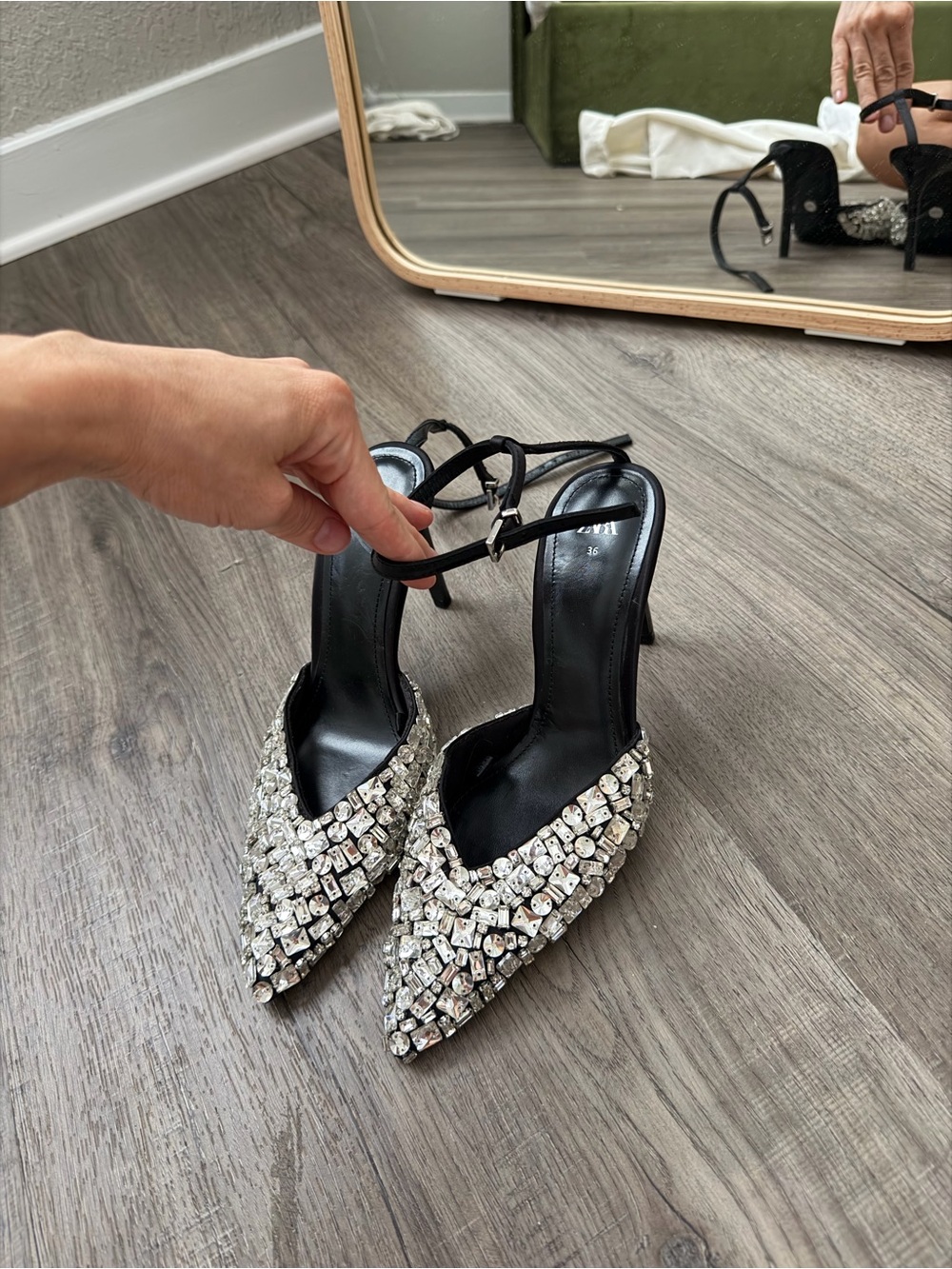 Zara Black Ankle-Strap Pointed Heels with Silver Crystal Embellishments - Picture 3 of 5
